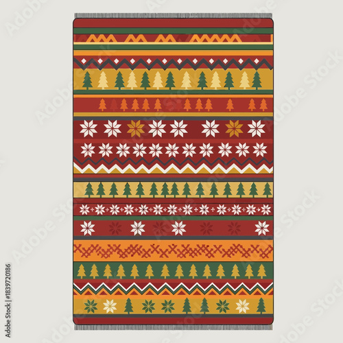 Colorful Christmas-themed knitted pattern with festive snowflakes and holiday motifs