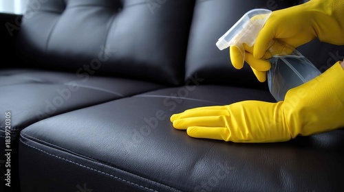 Person Cleaning Black Leather Couch with Spray Bottle and Gloves