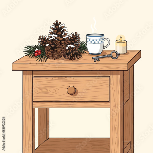 Decorative Christmas-themed wooden table with pinecones candle and steaming mug for cozy holiday
