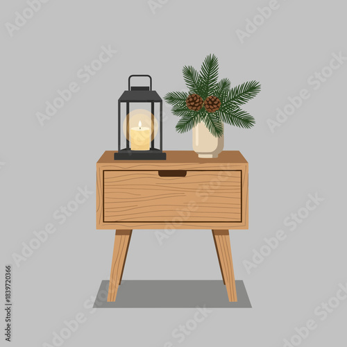 Decorative wooden side table with a lantern and pine branch arrangement for cozy ambiance