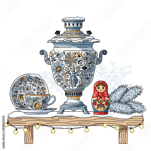 Intricate blue and white porcelain samovar set with traditional Russian nesting doll on wooden shelf
