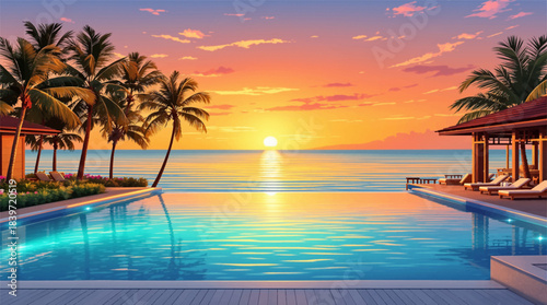 Stunning sunset over a serene resort with infinity pool. Tropical resort by the ocean with a perfect sunset view. Luxury infinity pool overlooking a breathtaking ocean sunset