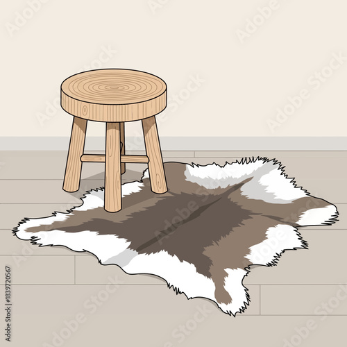 Minimalist wooden stool on cowhide rug in a simple room setting