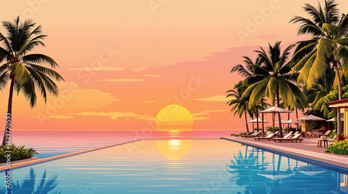 Luxury tropical pool reflecting peaceful sunrise colors. Elegant resort swimming pool at calm morning sunrise. Exotic island pool with warm sunrise horizon glow
