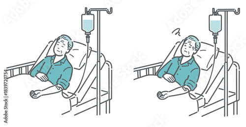 点滴を受ける高齢男性患者の比較イラスト（安静 vs 副作用・急変）
