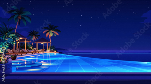 Luxury tropical pool glowing under starry night sky. Elegant resort swimming pool with palm trees at night. Blue infinity pool lighting in exotic island night view