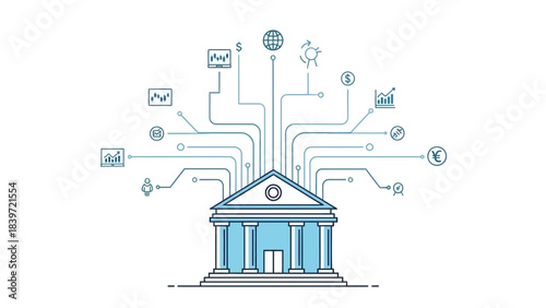 Digital Finance Network Connected to a Bank Building with Various Financial and Technology Icons