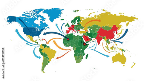Colorful world map with interconnected arrows showing global travel and movement patterns across continents