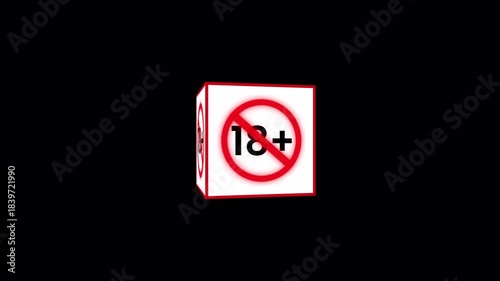 3D cube icon sign animation, Under 18 sign warning symbol on transparent background. 4K video 