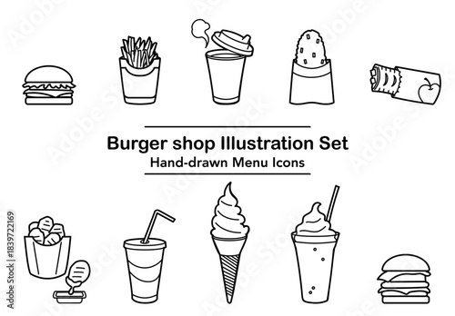 手描き風のファストフードメニューアイコンを並べたシンプルなイラスト素材｜透明背景で使いやすくハンバーガーやポテトやドリンクがラインアートで表現されたメニュー素材
