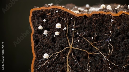 Soil and root structure: An intricate cross-section reveals the subterranean world, showcasing a network of roots entwined within layers of rich soil, complemented by spores.