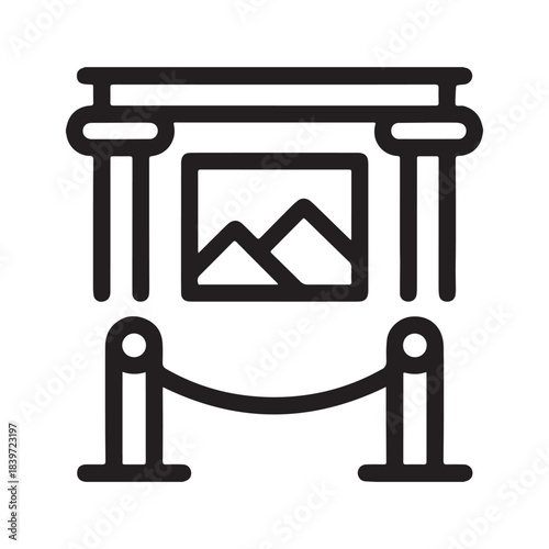 Art gallery exhibition with painting and stanchions