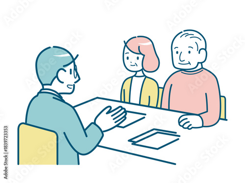 ビジネスマンに説明を受けるシニア夫婦のイラスト