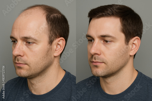Before and after hair restoration transformation on adult man with receding hairline and improved thick, full hairstyle