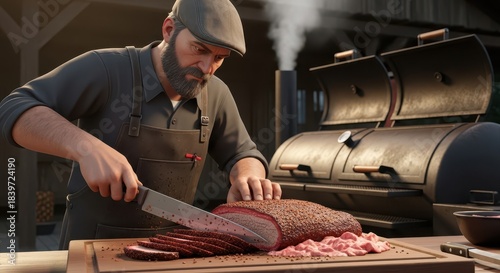 Experienced chef expertly carves smoked meat near large outdoor cooking apparatus