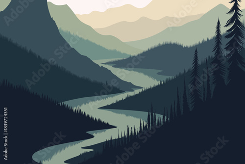 Misty mountain valley with winding river and dark pine forest, modern flat vector illustration of wild nature, hiking adventure, camping and serene wilderness landscape.​