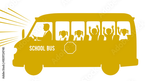 Silhouette of school bus with happy children isolated on white. Transparent background SVG version.