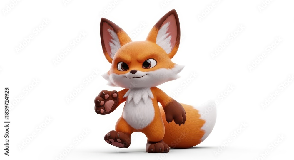 Obraz premium Cute cartoon fox creature with mischievous expression stands against a white background
