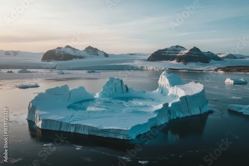 Aerial view of a large iceberg floating in calm Arctic waters with snow-covered mountains in the background