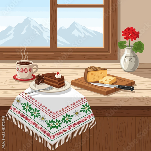 Cozy kitchen scene with steaming coffee, cheese, chocolate cake, and mountain view outdoors