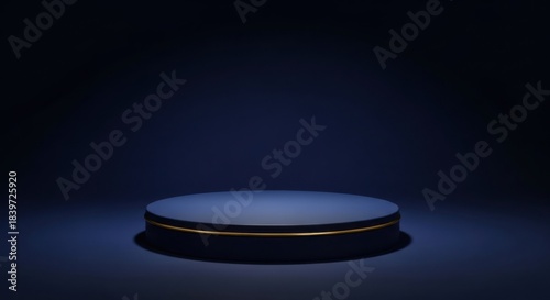 Minimalist Dark Blue Podium with Gold Ring, Elegant Vertical Stage Under Soft Spotlight: High-End Skincare Product Display, Clean Corporate Presentation, Simple Luxury Mockup.