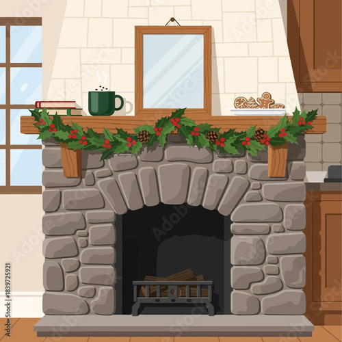 Cozy living room fireplace decorated with festive garland and warm accents