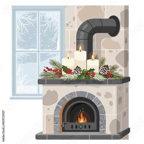 Cozy winter holiday fireplace with candles and festive greenery enhancing warmth