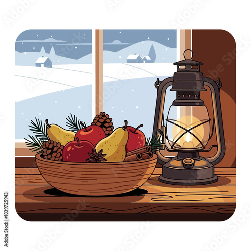 Cozy winter scene with a bowl of fresh fruits and an antique lantern by the window