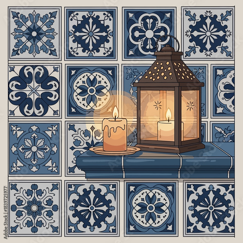 Decorative blue and white patterned wall tiles with candles and lanterns creating a cozy ambiance