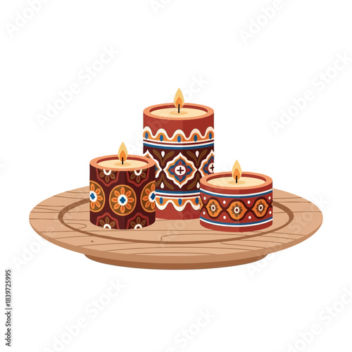 Decorative candles with intricate patterns on a wooden plate for ambiance and aesthetic value