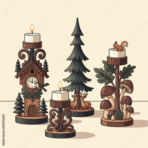 Decorative wooden candle holders with nature-inspired animal and plant motifs for cozy home decor