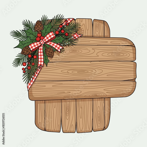 Decorative wooden signboard with festive Christmas arrangement including pine cones and red berries
