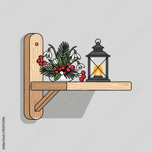 Wallpaper Mural Decorative wooden wall shelf with festive holiday arrangement and lantern for cozy interior design Torontodigital.ca