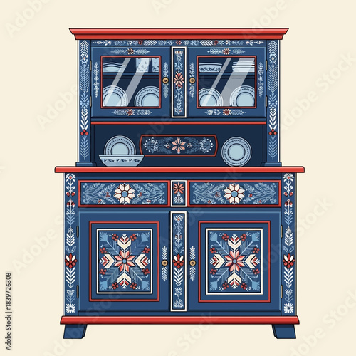 Intricately Hand-Painted Traditional Russian Wooden Dresser with Floral and Geometric Patterns