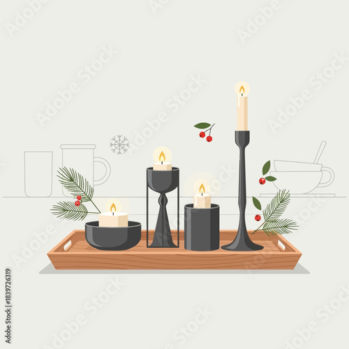 Minimalist Christmas Candle Display with Holly and Decorative Elements on Wooden Tray