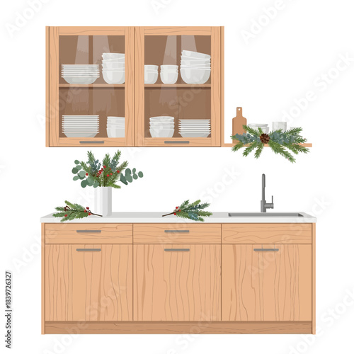 Minimalist Kitchen Scene Featuring Open Wooden Cabinet with Dishware and Greenery Decor Elements