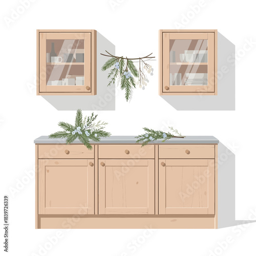 Minimalist Scandinavian-style kitchen with wall-mounted cabinets and greenery decoration