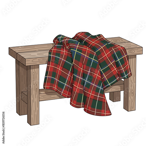 Rustic wooden bench with a red green plaid blanket draped over it for cozy decor scene