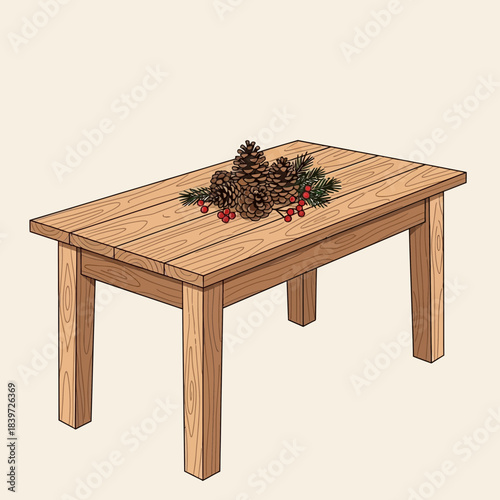 Rustic wooden table decorated with pinecones and Christmas greenery for holiday celebrations
