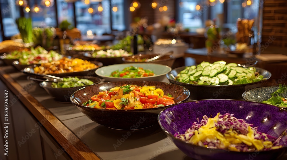 Obraz premium Numerous fresh and prepared dishes are attractively displayed on a long counter for self-service dining
