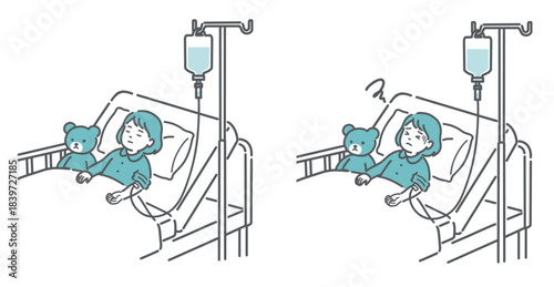 点滴を受ける女の子の比較イラスト（安静 vs 副作用・体調不良）