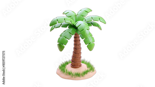 Cartoon Palm Tree Standing on Island, Isolated on White Background