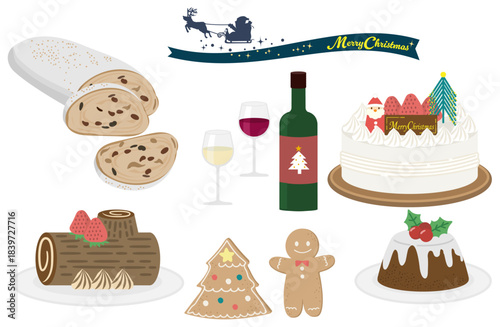クリスマスケーキとスイーツのイラストセット