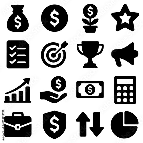 Financial Icon Symphony: A cohesive collection of essential business and financial symbols, representing diverse concepts such as success, growth, and prosperity.