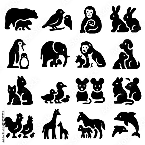 Animal Parenthood Icons: A collection of simple, yet elegant black and white icons illustrates the bond of parenthood across various animal species, from bear to dolphin.