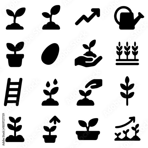 Seedling Growth and Development: Symbolic illustrations depicting the various stages of plant growth, from seed to sprout, along with tools associated with nurturing