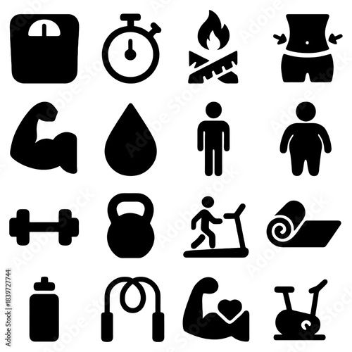 Fitness Icons Compilation: A comprehensive collection of iconic symbols representing various facets of health, fitness, and active living, suitable for illustrative purposes.