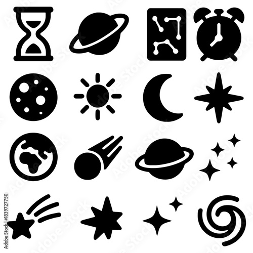 Celestial Symphony: An artistic collection of cosmic symbols, including celestial objects and time-measuring devices, which will evoke the beauty and mystique of space and time.