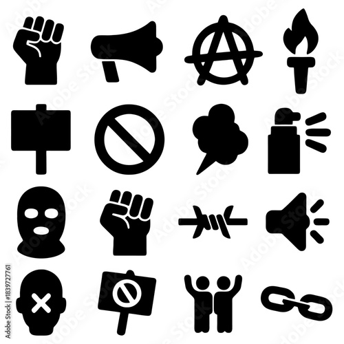 Symbols of Social Unrest: A collection of bold black icons, representing various elements and symbols of protest, opposition, and unrest. This striking image encapsulates powerful imagery.