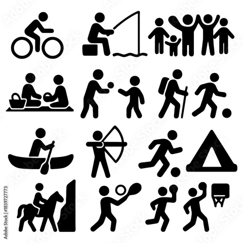 Icons of Recreation: A compilation of simple yet evocative pictograms that capture the essence of a variety of recreational activities, offering a visual journey of leisure and outdoor pursuits.